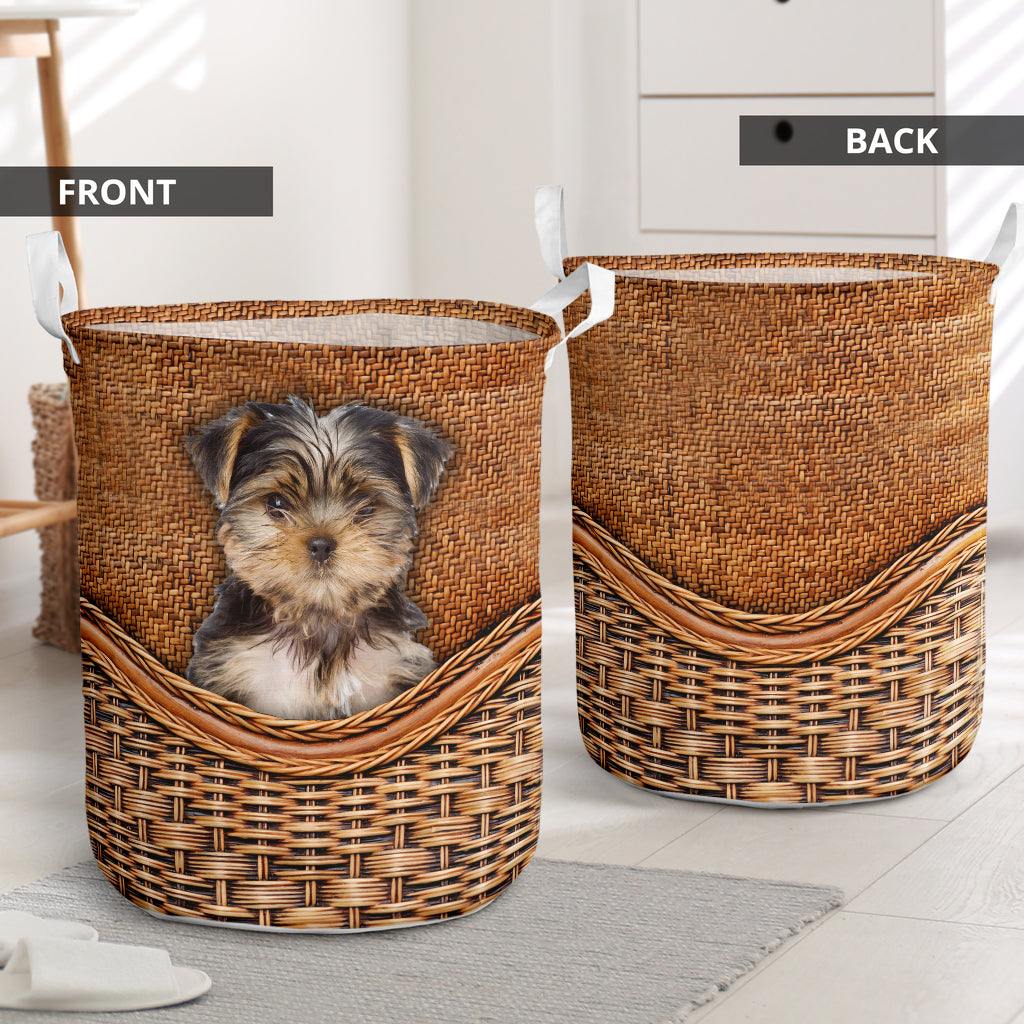 Yorkie Poo Dog Rattan Texture Laundry Basket For Bathroom Bedroom Storage