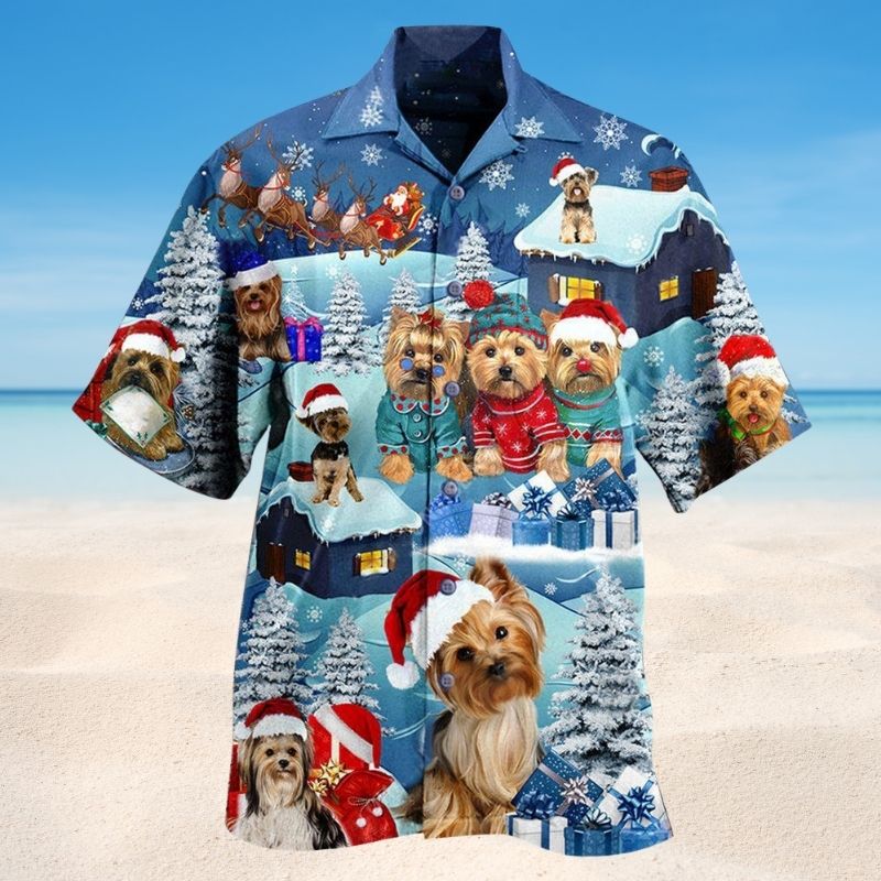 Yorkshire Dog Snow Hawaiian Shirt For Tropical Holidays, Outdoor Gatherings, And Everyday Comfort