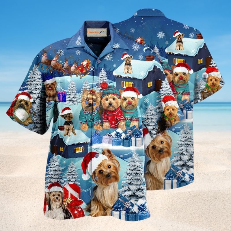 Yorkshire Dog Snow Hawaiian Shirt For Tropical Holidays, Outdoor Gatherings, And Everyday Comfort