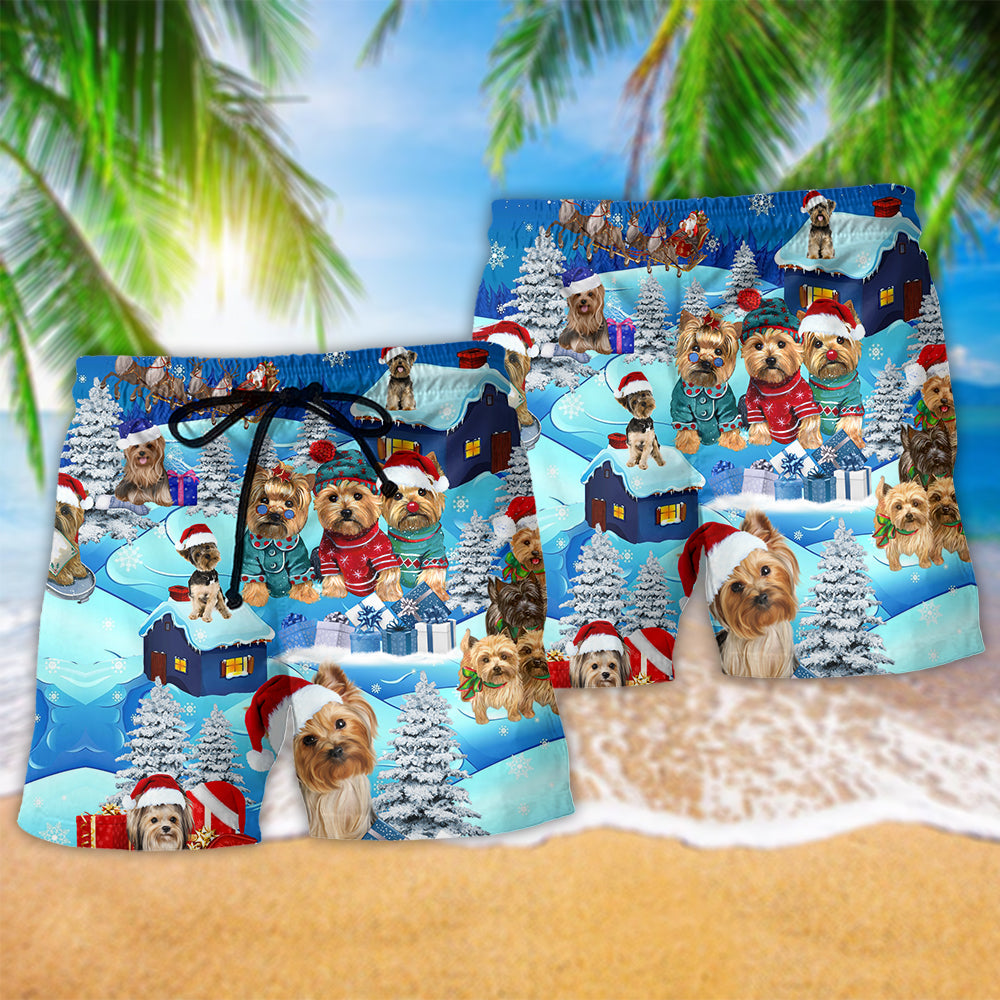 Yorkshire Dog Snowy Christmas Beach Shorts Pattern Detail For Seaside Leisure And Relaxed Casual Style