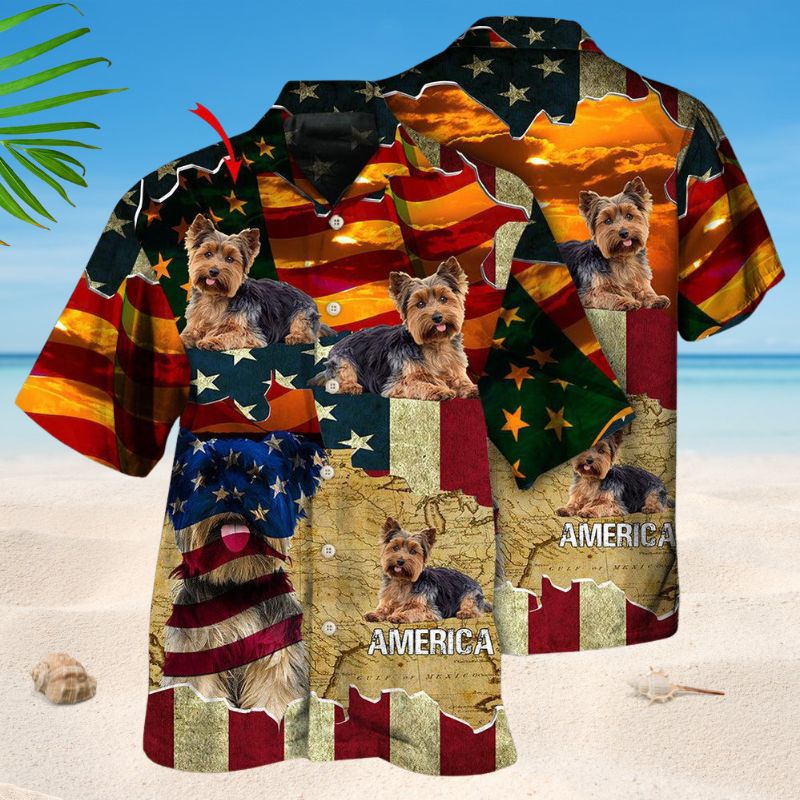 American Yorkshire Terrier Sunset Photo Hawaiian Shirt For Holiday Gatherings, Coastal Trips, And Proud Seasonal Style