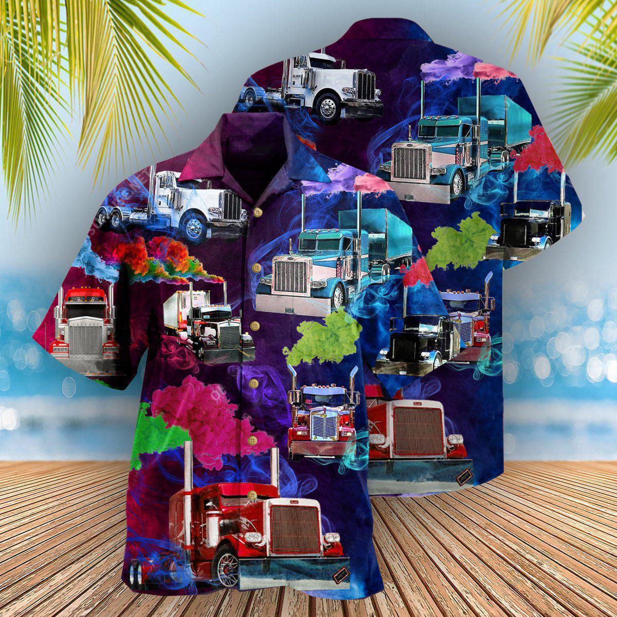 Colorful Truck Smoke Drivers Hawaiian Shirt Pattern View For Relaxed Warm Weather Outfits