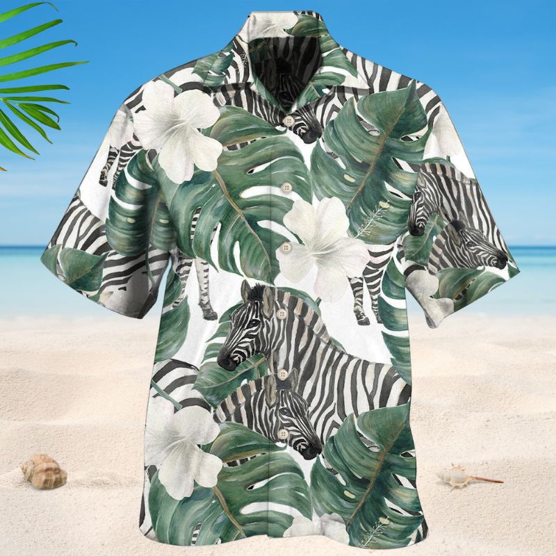 Tropical Zebra Leaf Hawaiian Shirt For Tropical Holidays, Resort Trips, And Relaxed Coastal Style