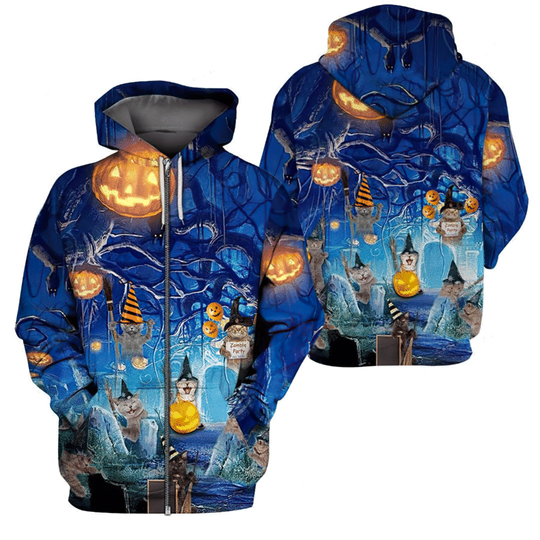 Blue Halloween Cat Hoodie For Fall Celebrations Casual Streetwear And Weekend Travel