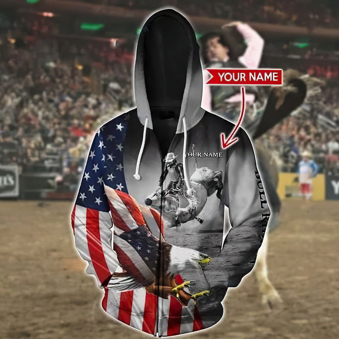 Bull Riding Eagle USA Flag Personalized Hoodie For Travel Days Outdoor Events And Thoughtful Gifts