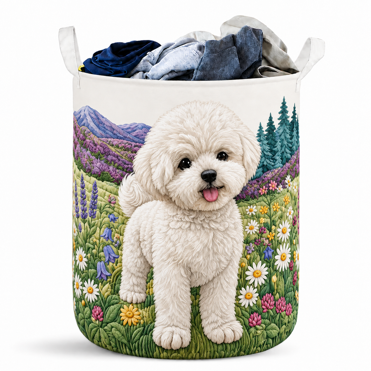 White Puppy And Wildflower Meadow Laundry Basket For Laundry Room Bathroom Bedroom Nursery And Everyday Home Organization