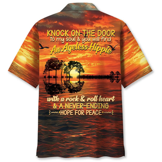 Ageless Hippie Guitar Hawaiian Shirt For Summer Vacation, Beach Travel, And Casual Wear