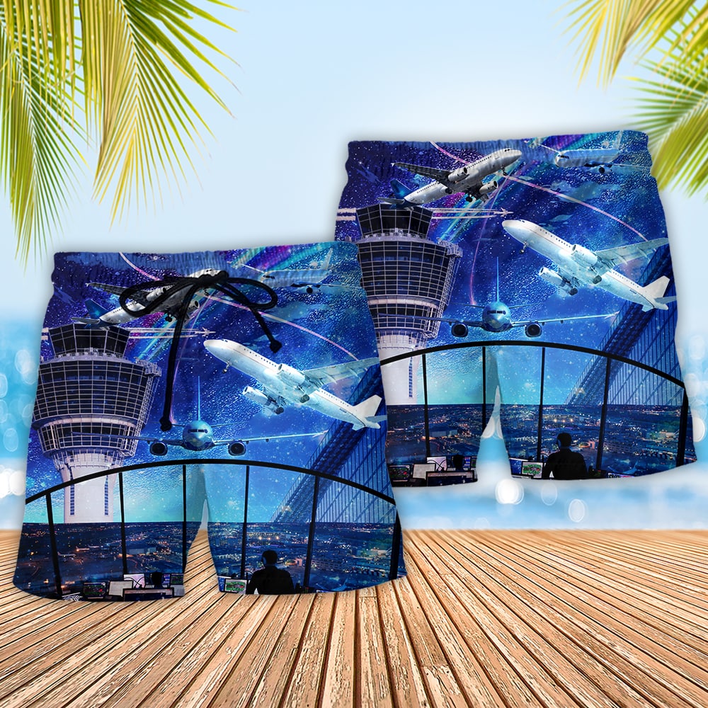 Airplane And Air Traffic Control Beach Shorts Pattern View For Relaxed Vacation Styling