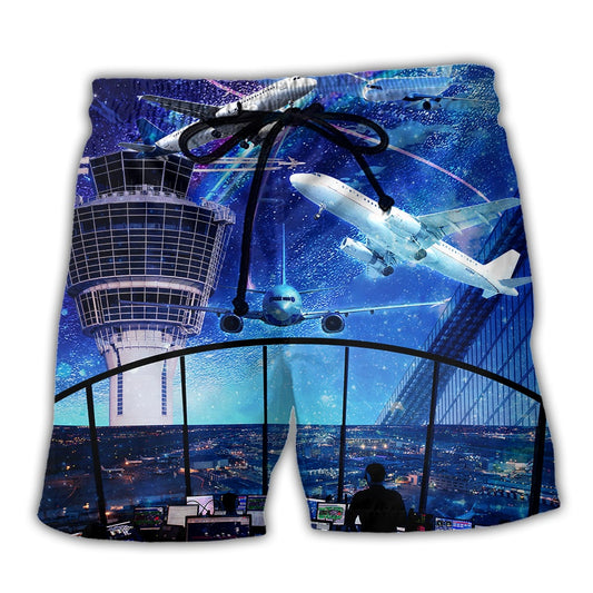 Airplane And Air Traffic Control Beach Shorts Artwork Detail For Casual Warm Weather Outfits