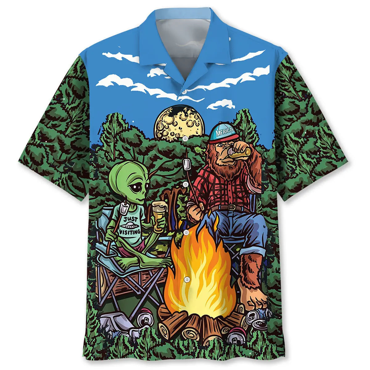 Alien Bigfoot Campfire Hawaiian Shirt For Tropical Holidays, Outdoor Gatherings, And Everyday Comfort
