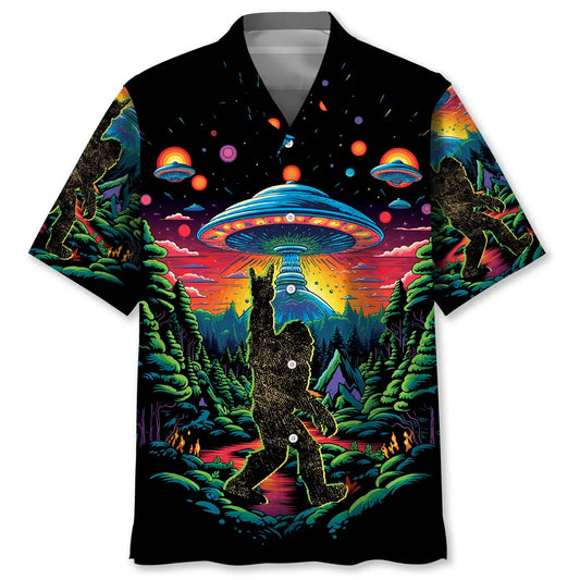 Alien Bigfoot Hawaiian Shirt For Summer Vacation, Beach Travel, And Casual Wear