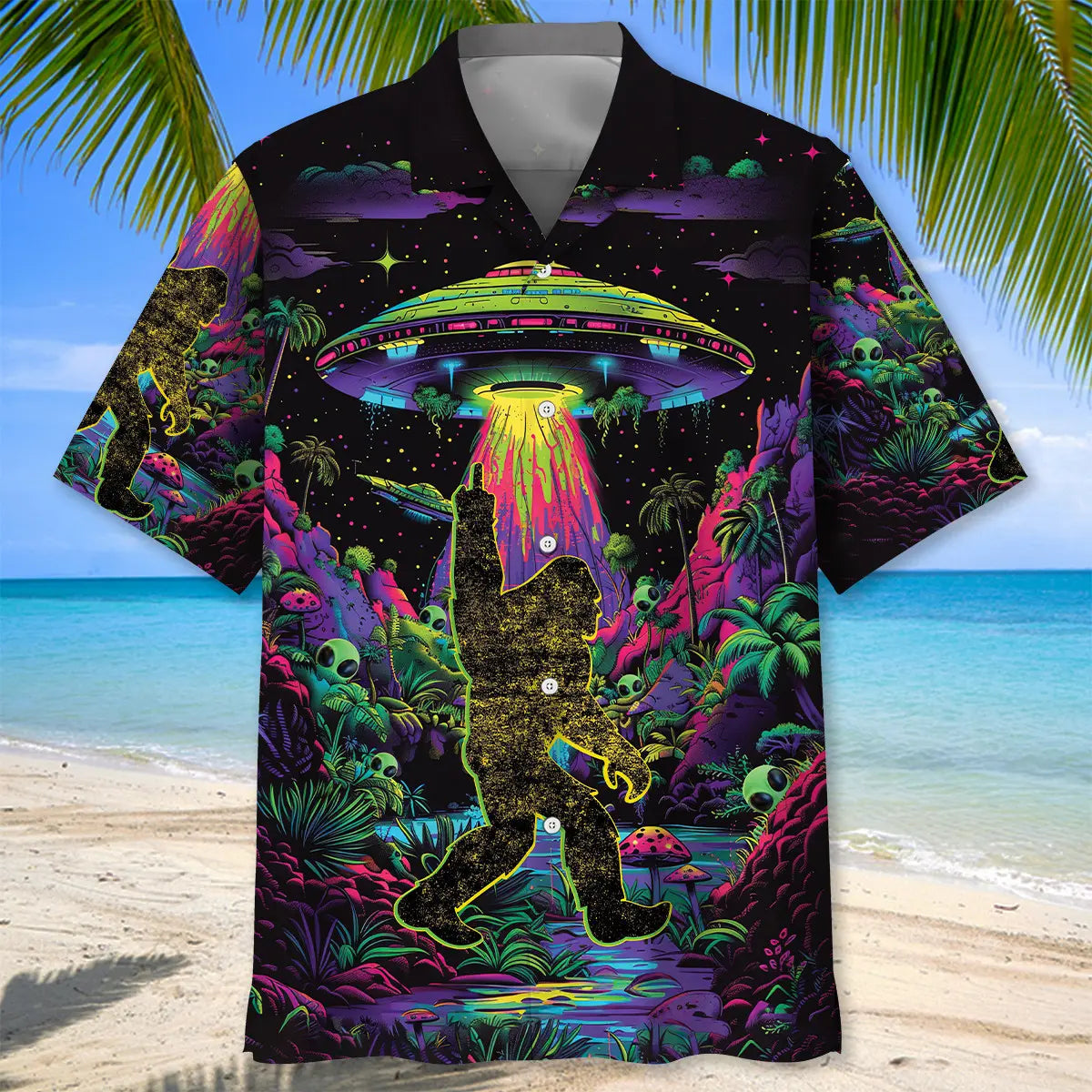Alien Bigfoot Night Hawaiian Shirt For Summer Vacation, Weekend Escape, And Beachside Style
