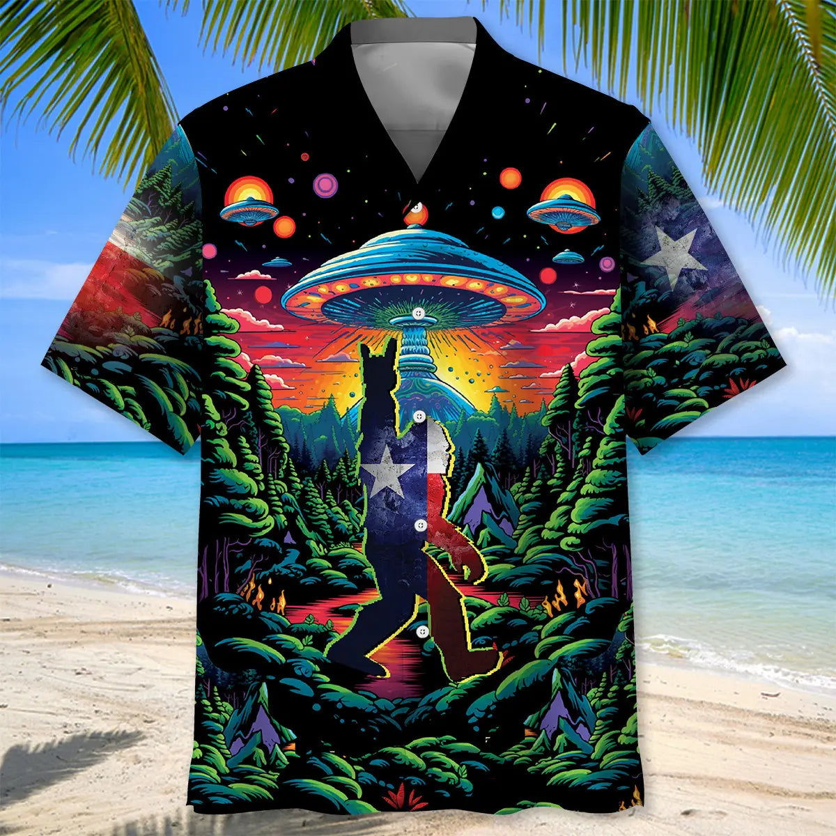 Alien Bigfoot Texas Heritage Hawaiian Shirt For Resort Trips, Coastal Parties, And Warm Weather Style