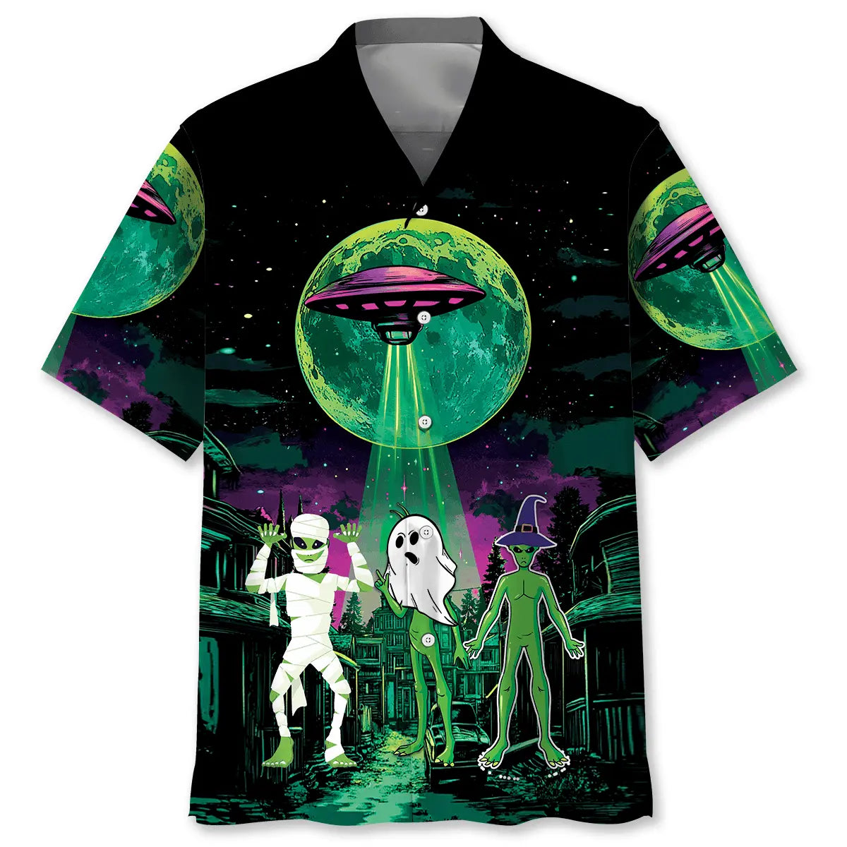 Halloween Spooky Alien Boo Hawaiian Shirt For Island Vacations, Resort Wear, And Relaxed Seasonal Style