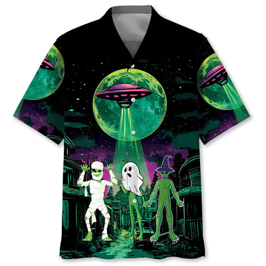 Halloween Spooky Alien Boo Hawaiian Shirt For Island Vacations, Resort Wear, And Relaxed Seasonal Style