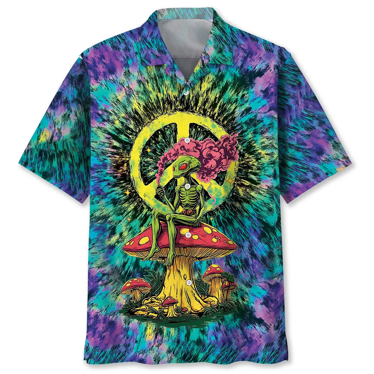 Alien Mushroom Peace Sign Hawaiian Shirt For Resort Trips, Coastal Parties, And Warm Weather Style
