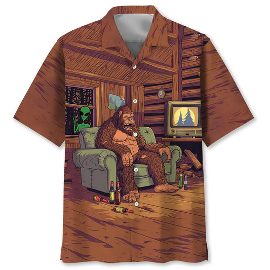 Alien Stalk Bigfoot House Hawaiian Shirt For Coastal Getaways, Outdoor Gatherings, And Thoughtful Gift Giving
