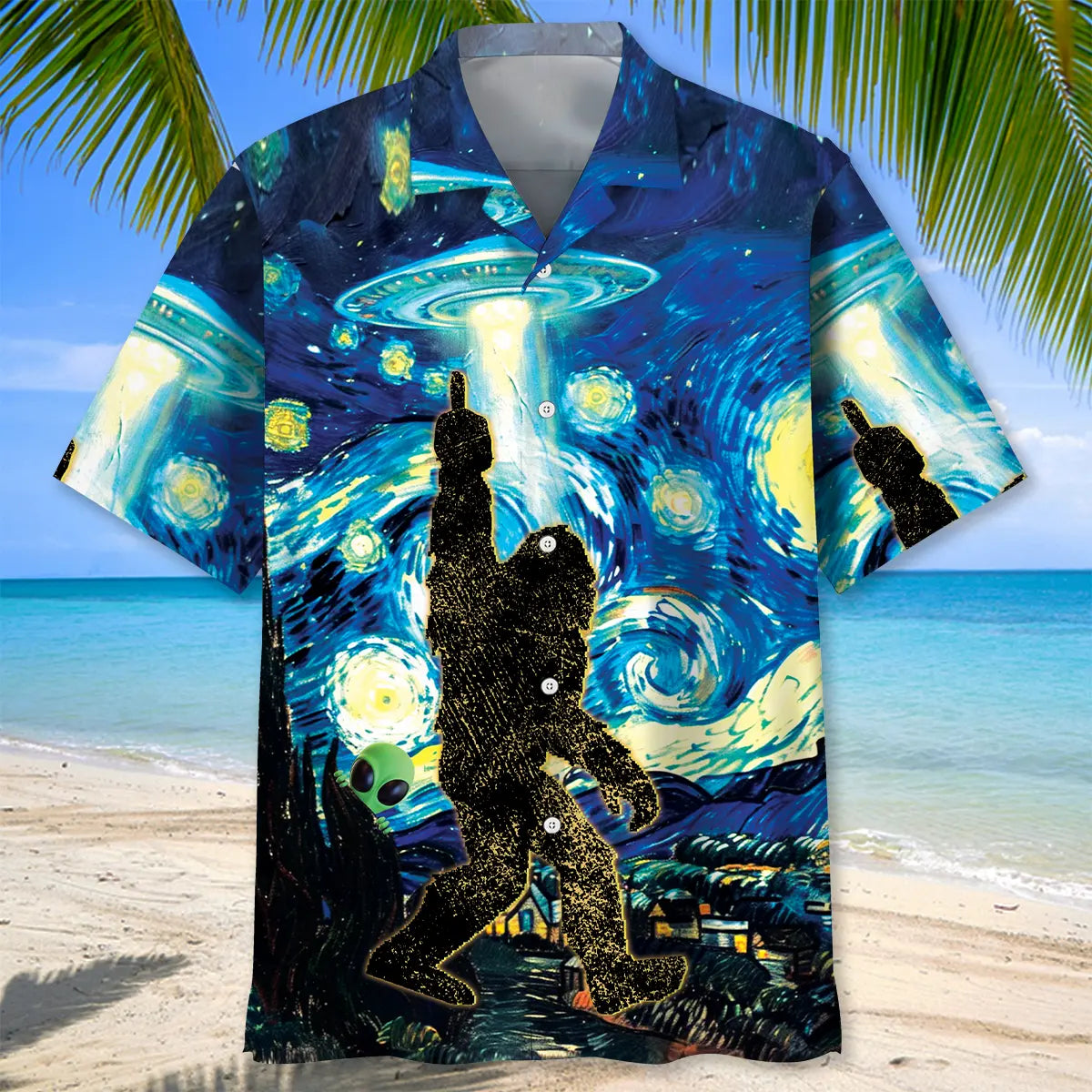 Alien Stalk Bigfoot In A Starry Night Hawaiian Shirt For Summer Road Trip, Outdoor Event, And Vacation Style
