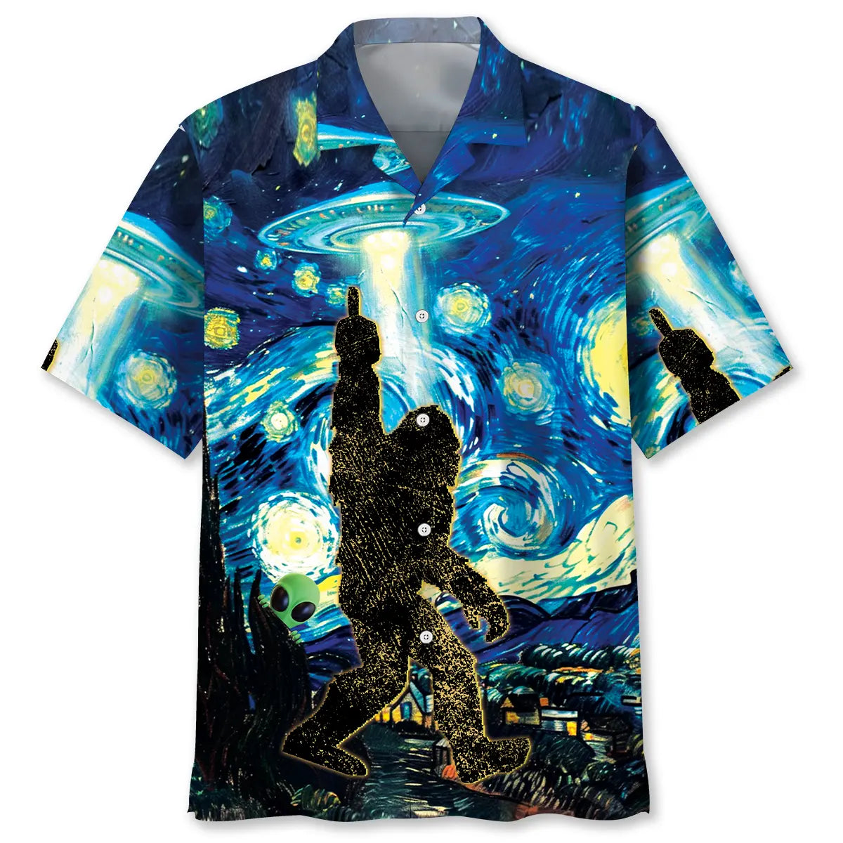 Alien Stalk Bigfoot In A Starry Night Hawaiian Shirt For Beach Travel And Island Inspired Style