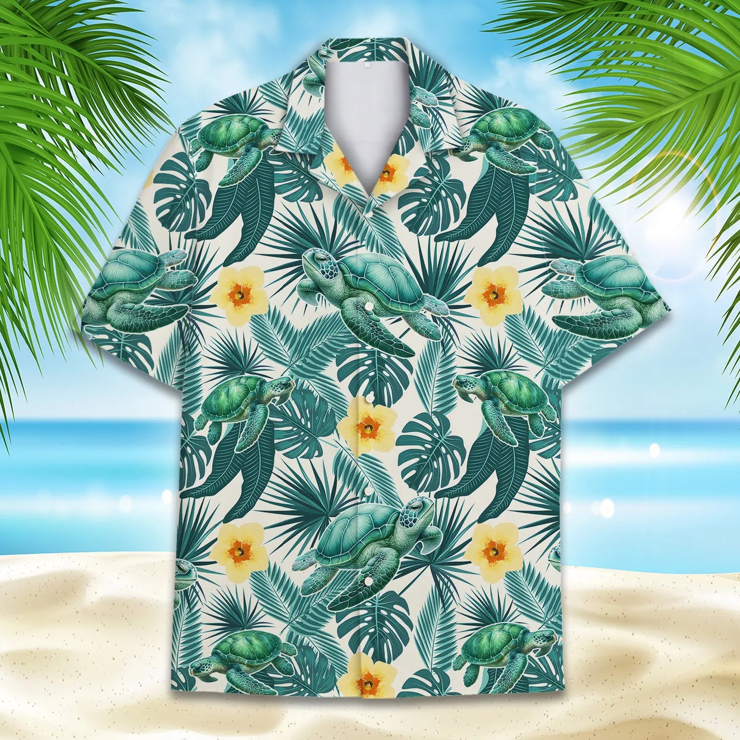 Tropical Island Turtle Aloha Hawaiian Shirt For Summer Vacation, Beach Travel, And Casual Wear