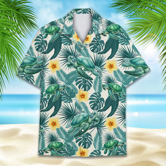 Tropical Island Turtle Aloha Hawaiian Shirt For Summer Vacation, Beach Travel, And Casual Wear