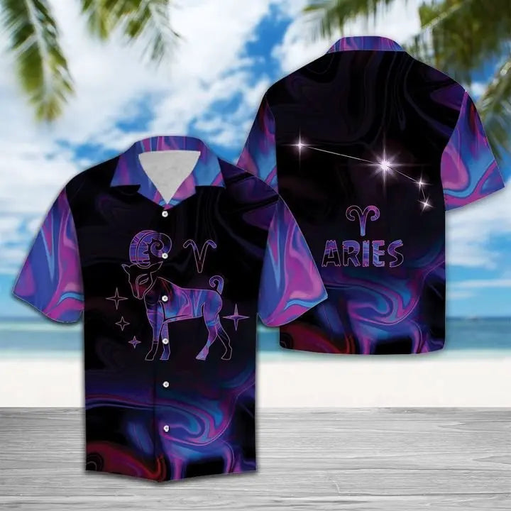 Summer Aries Horoscope Hawaiian Shirt For Tropical Holidays, Resort Trips, And Relaxed Coastal Style