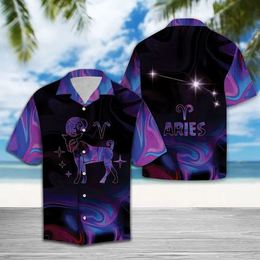 Summer Aries Horoscope Hawaiian Shirt For Tropical Holidays, Resort Trips, And Relaxed Coastal Style