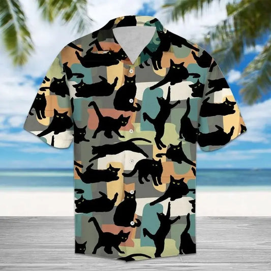 Summer Black Cat Hawaiian Shirt For Nature Fans, Resort Trips, And Comfortable Warm Weather Wear