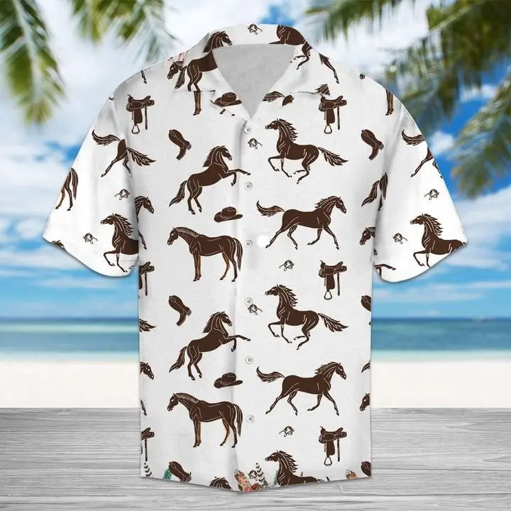 Western Summer Brown Horses Cowboy Equipment Hawaiian Shirt For Summer Vacation, Beach Travel, And Casual Wear