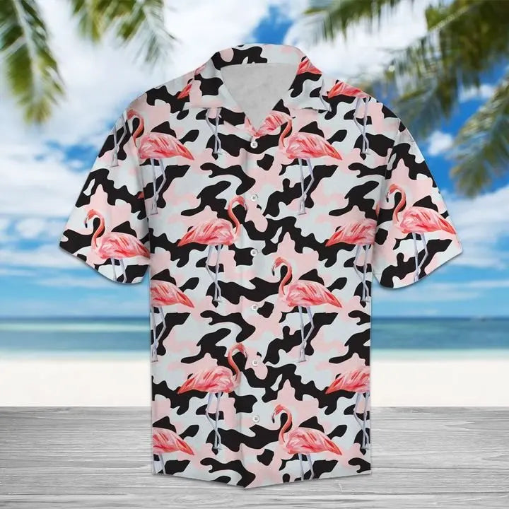 Summer Camo Flamingo Hawaiian Shirt For Animal Lovers, Beach Travel, And Casual Summer Style