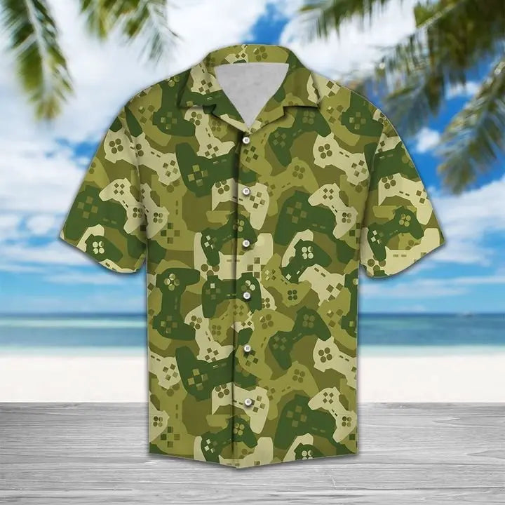 Summer Camouflage Gaming Joysticks Hawaiian Shirt For Island Vacations, Resort Wear, And Relaxed Seasonal Style