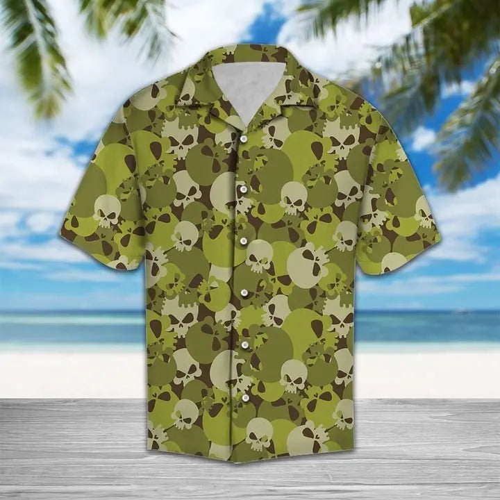 Summer Camouflage Skull Hawaiian Shirt For Summer Vacation, Beach Travel, And Casual Wear