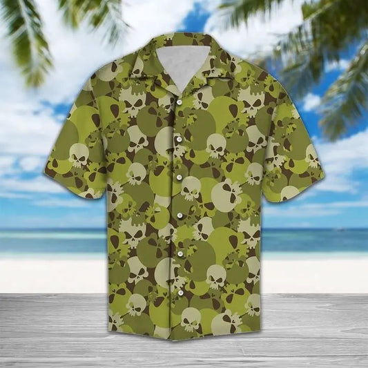 Summer Camouflage Skull Hawaiian Shirt For Summer Vacation, Beach Travel, And Casual Wear