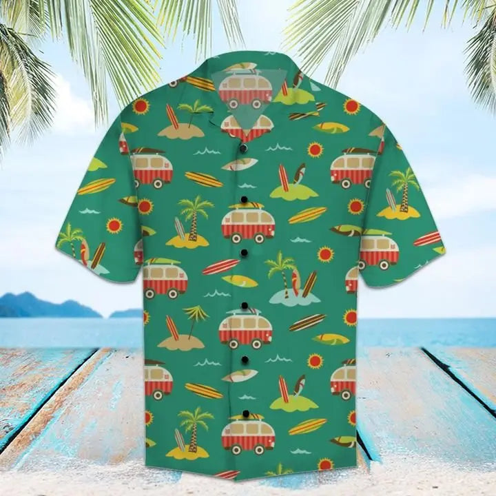 Summer Caravan Hawaiian Shirt For Summer Vacation, Beach Travel, And Casual Wear