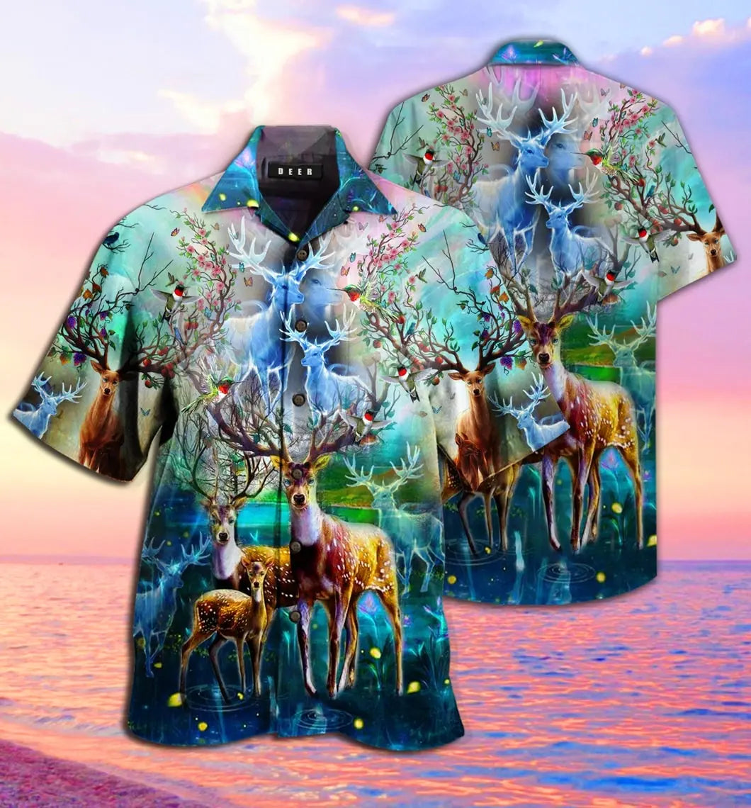 Deer Creative Pattern Hawaiian Shirt For Tropical Holidays, Outdoor Gatherings, And Everyday Comfort