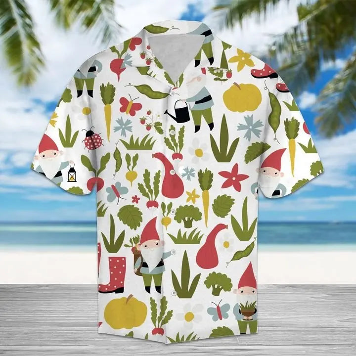 Summer Garden Gnome Vegetables Hawaiian Shirt For Coastal Travel, Casual Events, And Comfortable Summer Wear