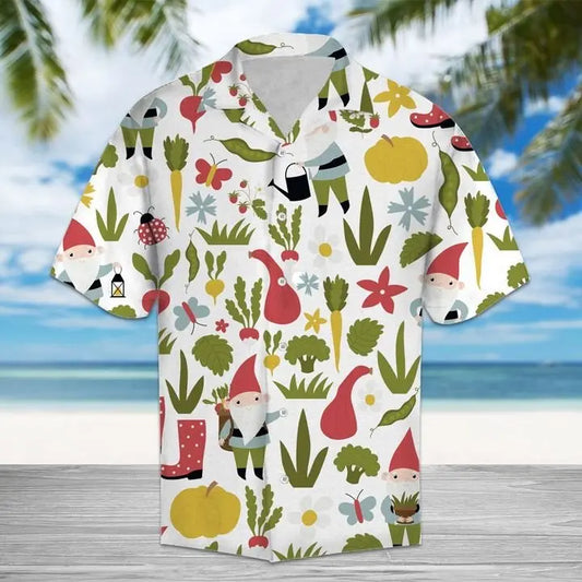 Summer Garden Gnome Vegetables Hawaiian Shirt For Coastal Travel, Casual Events, And Comfortable Summer Wear