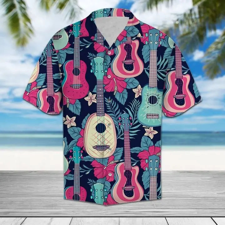 Summer Guitar Hawaiian Shirt For Summer Vacation, Beach Travel, And Casual Wear