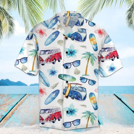 Summer Hippie Bus Hawaiian Shirt For Tropical Holidays, Resort Trips, And Relaxed Coastal Style
