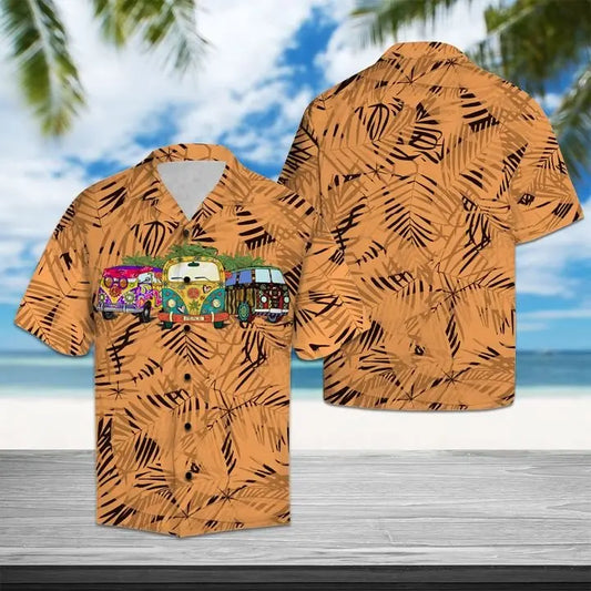 Summer Hippie Car Hawaiian Shirt For Coastal Travel, Casual Events, And Comfortable Summer Wear