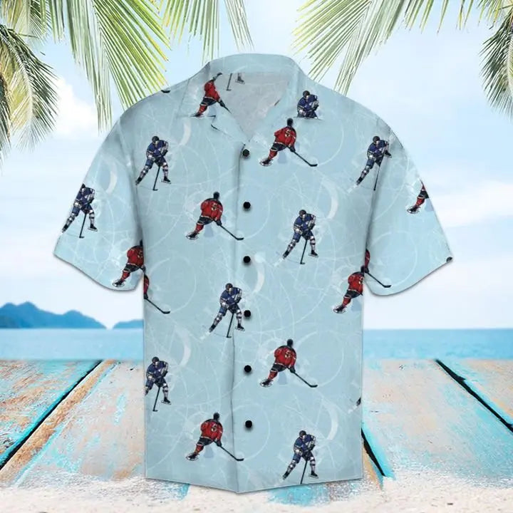 Summer Hockey Hawaiian Shirt For Summer Vacation, Beach Travel, And Casual Wear