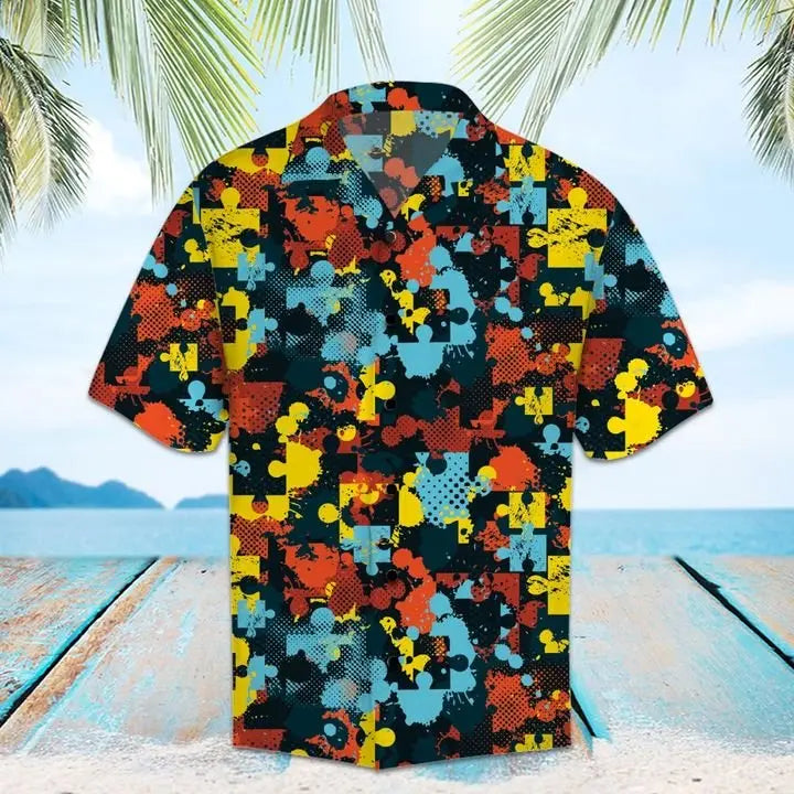 Summer Jigsaw Puzzle Hawaiian Shirt For Summer Vacation, Beach Travel, And Casual Wear