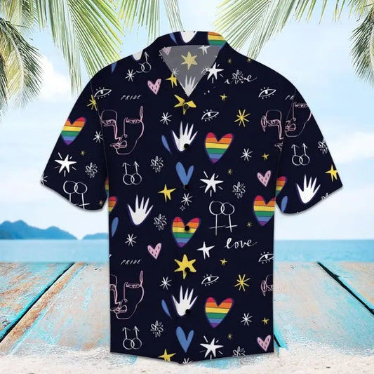 Summer Rainbow Pride Hawaiian Shirt For Summer Vacation, Beach Travel, And Casual Wear