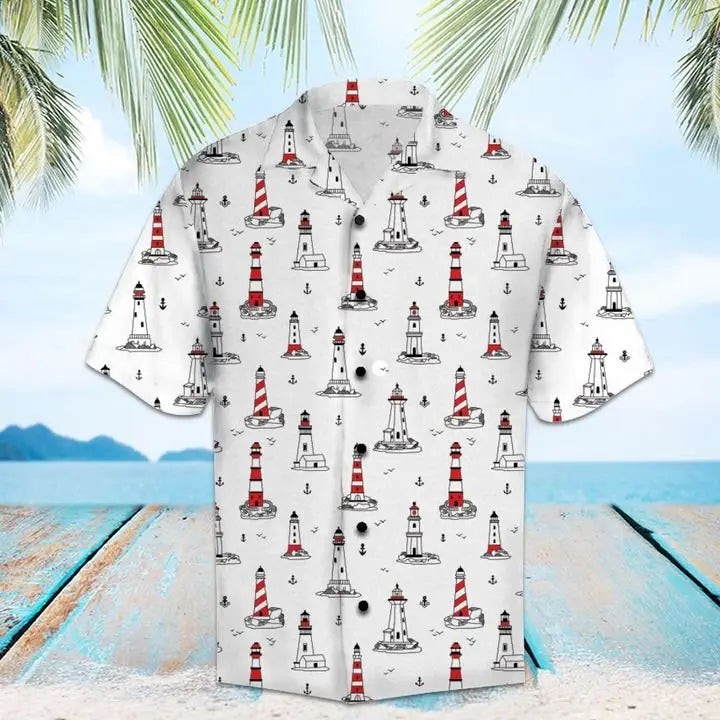 Summer Lighthouse Hawaiian Shirt For Summer Vacation, Beach Travel, And Casual Wear