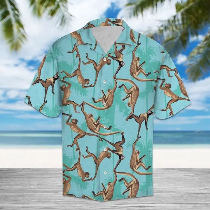 Summer Monkey Hawaiian Shirt For Summer Vacation, Beach Travel, And Casual Wear