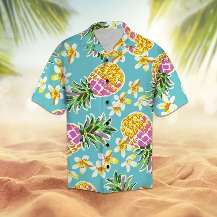 Summer Pineapple Hawaiian Shirt For Summer Vacation, Beach Travel, And Casual Wear