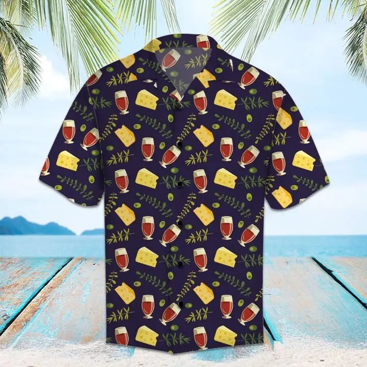Summer Red Wine Cheese Hawaiian Shirt For Tropical Holidays, Outdoor Gatherings, And Everyday Comfort