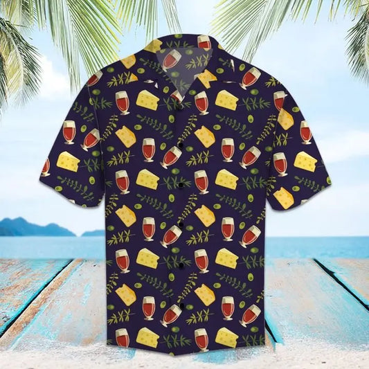Summer Red Wine Cheese Hawaiian Shirt For Tropical Holidays, Outdoor Gatherings, And Everyday Comfort