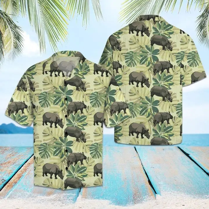 Summer Rhino Hawaiian Shirt For Summer Vacation, Beach Travel, And Casual Wear