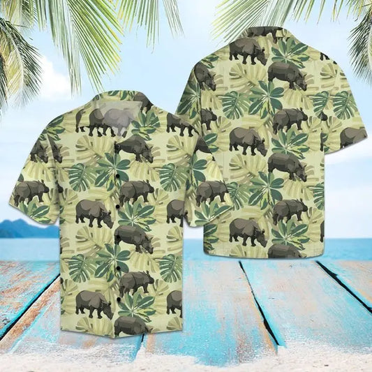 Summer Rhino Hawaiian Shirt For Summer Vacation, Beach Travel, And Casual Wear